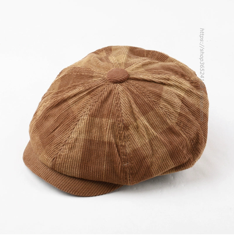 Casual plaid corduroy painter's hat british octagonal hat beret for men and women autumn winter vintage tongue newsboy hat