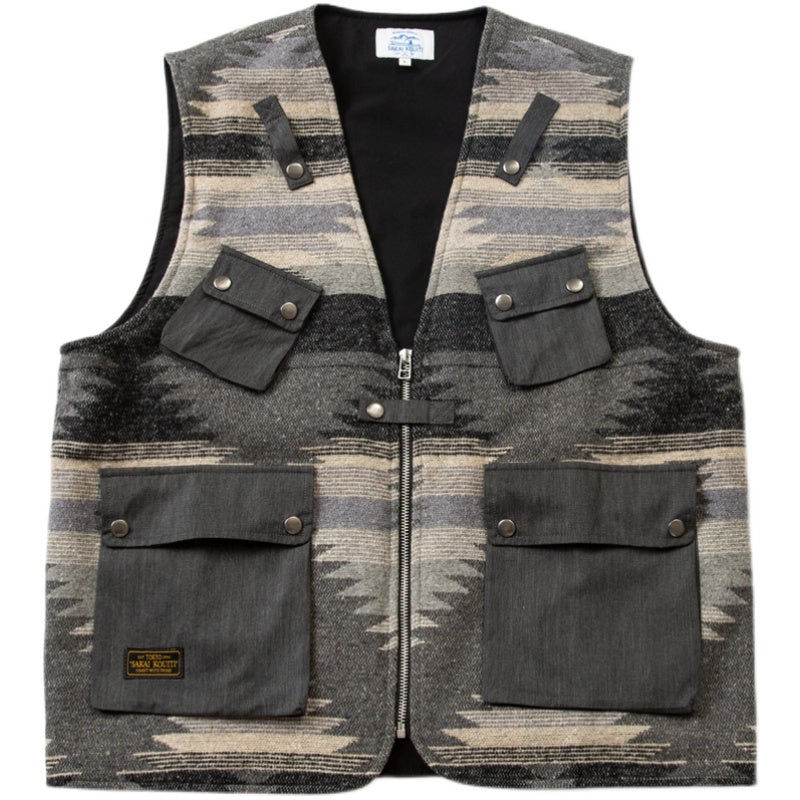 Ami Kaji ethnic pattern multi-pocket cargo vest loose fit autumn and winter versatile vest jacket men
