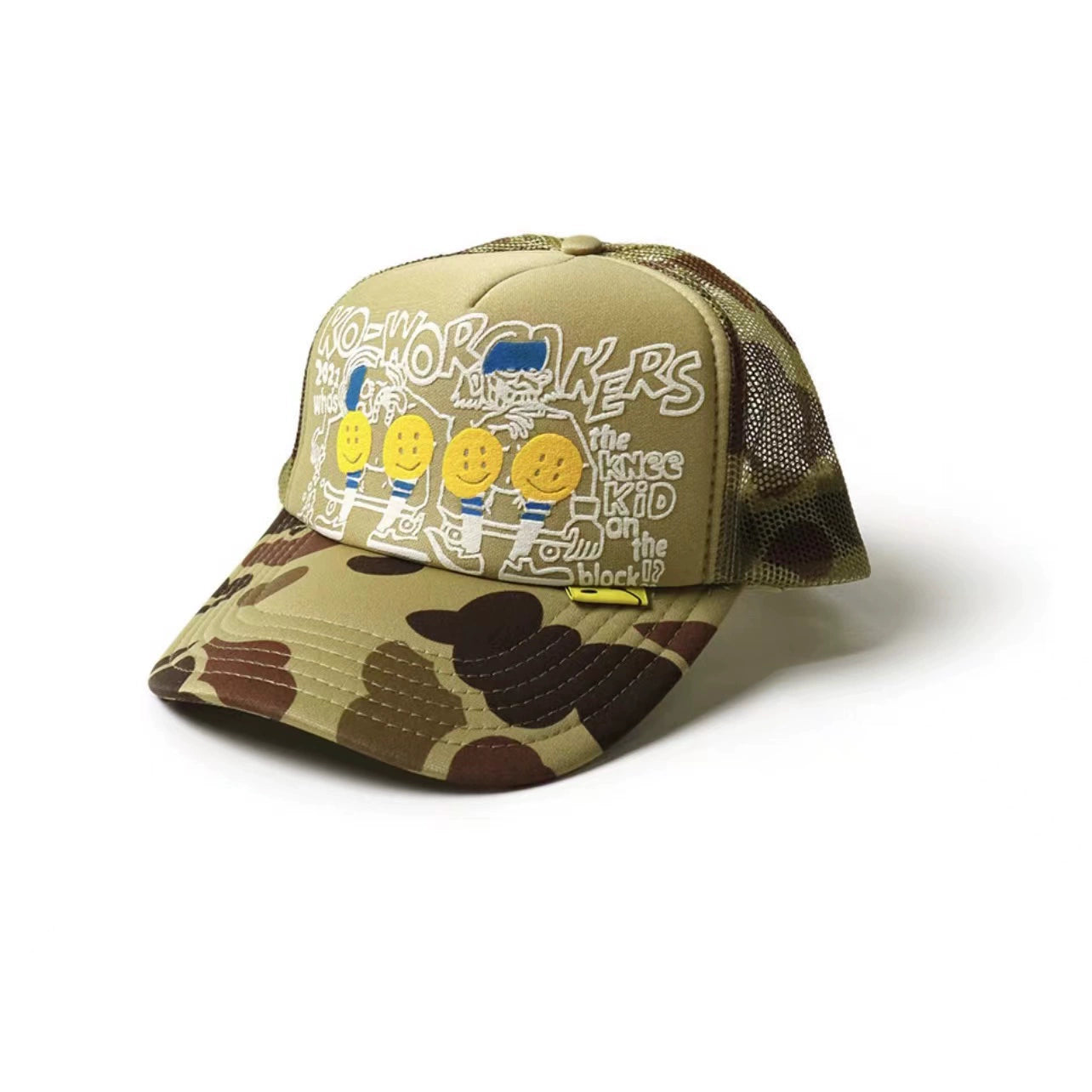 camouflage foam print smiley mesh breathable stitching baseball cap