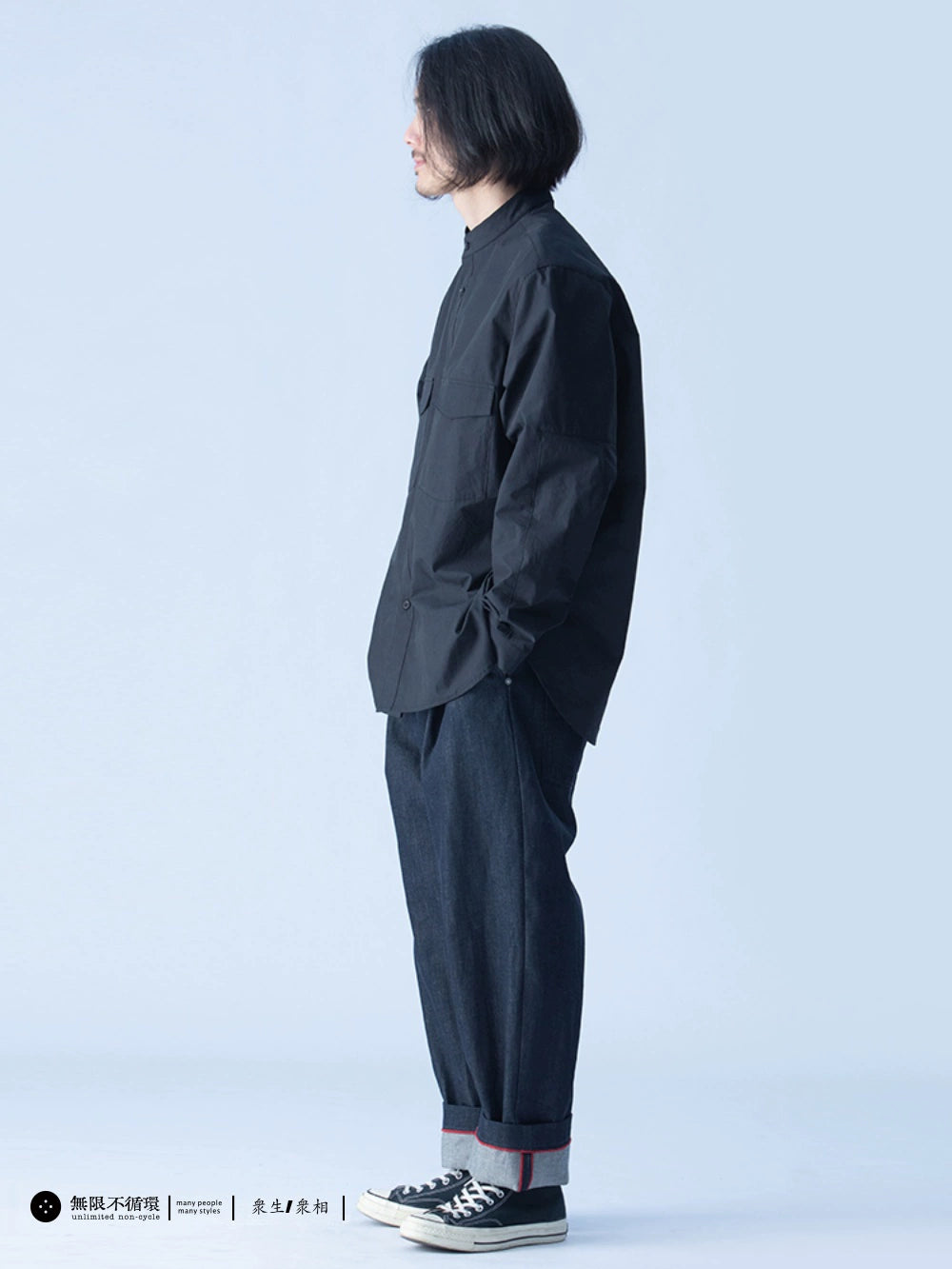 Chinese style pure cotton casual loose stand collar shirt long sleeve men