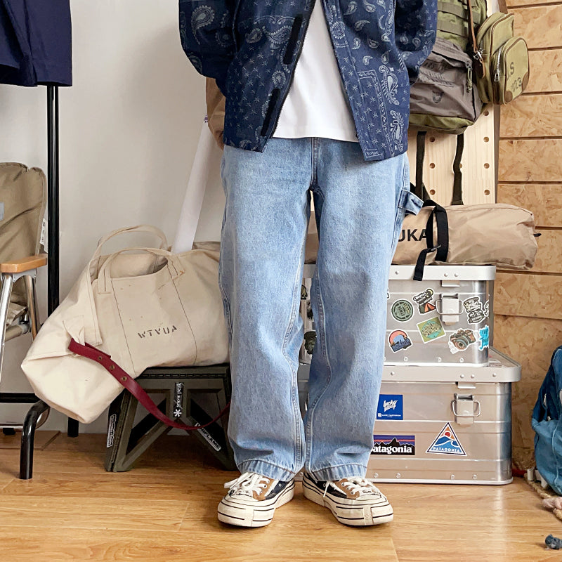 American-style simple loose straight-leg pants, plain overalls, versatile washed jeans, youth skateboard pants, trousers, men