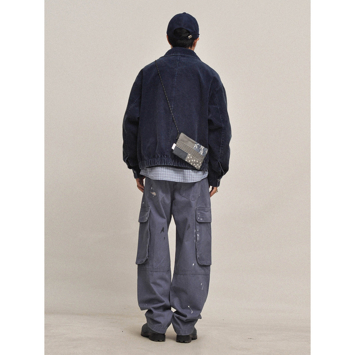 Navy blue washed chunky striped corduroy Harrington jacket loose cargo casual coat | Yamalinclothes