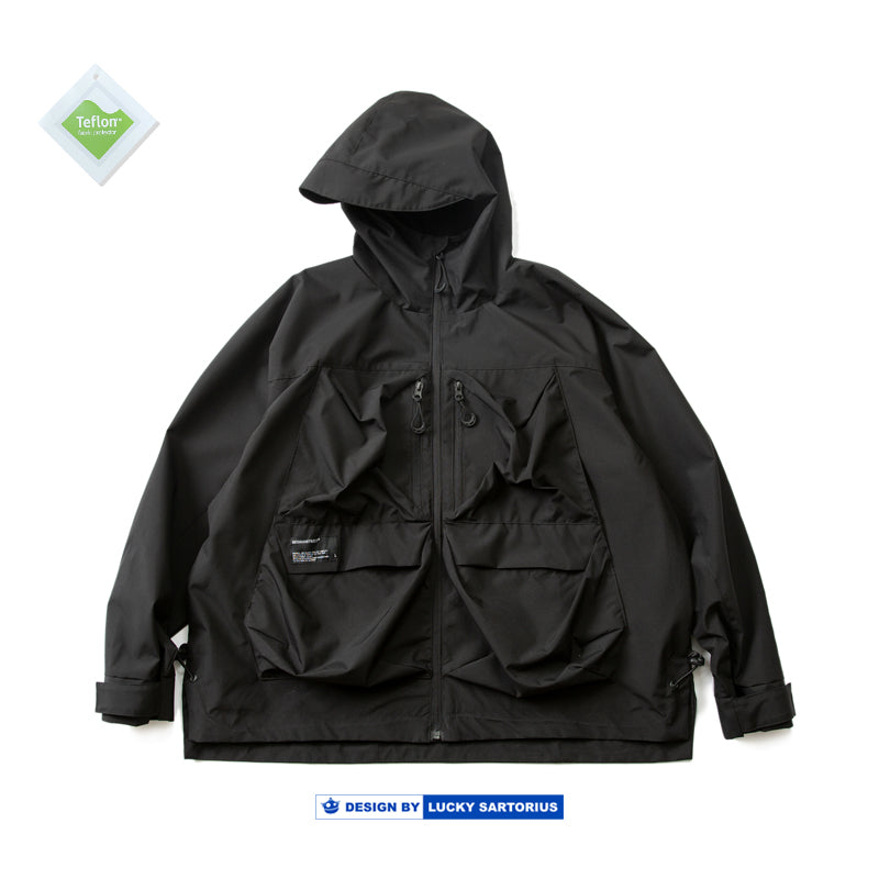 Multi-pocket hooded jacket youth loose raglan sleeves waterproof windproof coat men