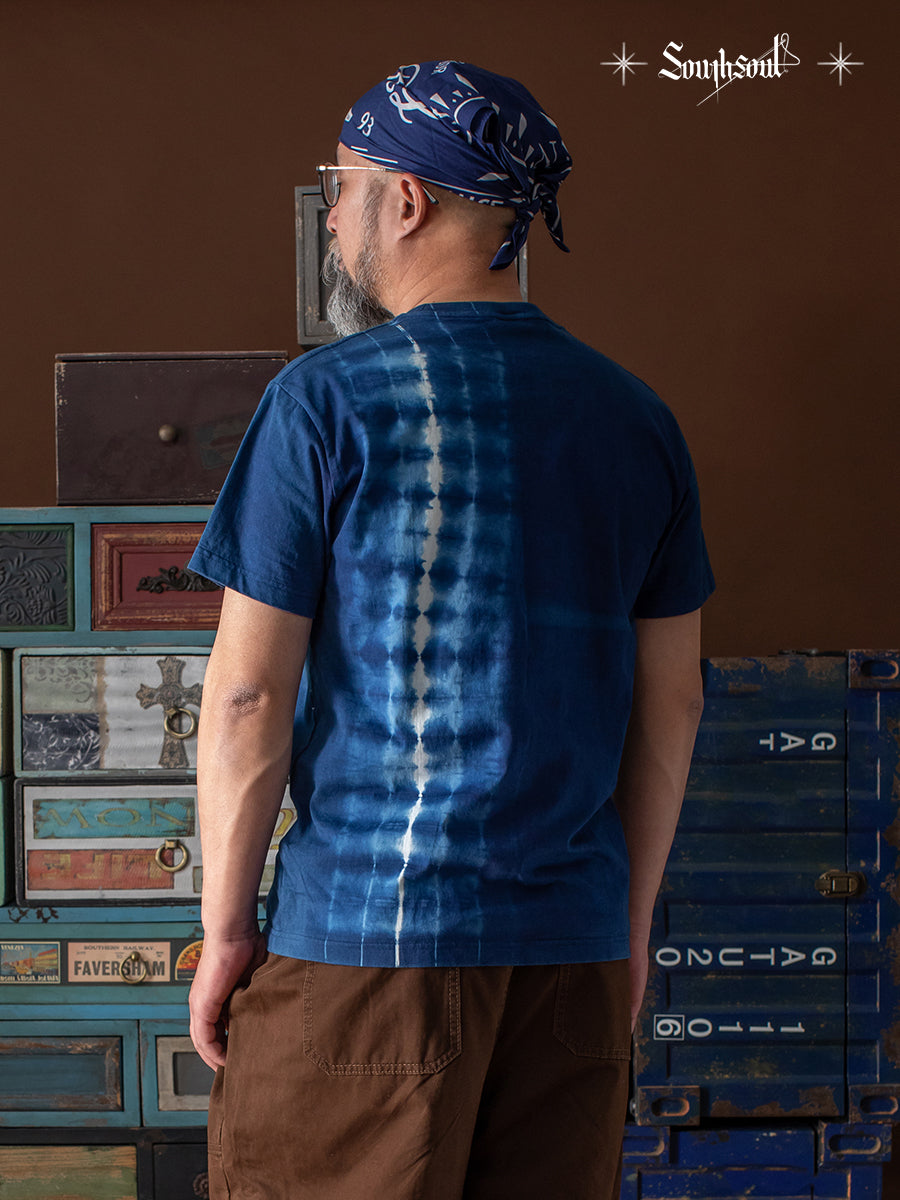 American-style retro casual heavyweight cotton plant handmade blue dyeing tie-dye T-shirt grass dyeing ancient dyeing round neck
