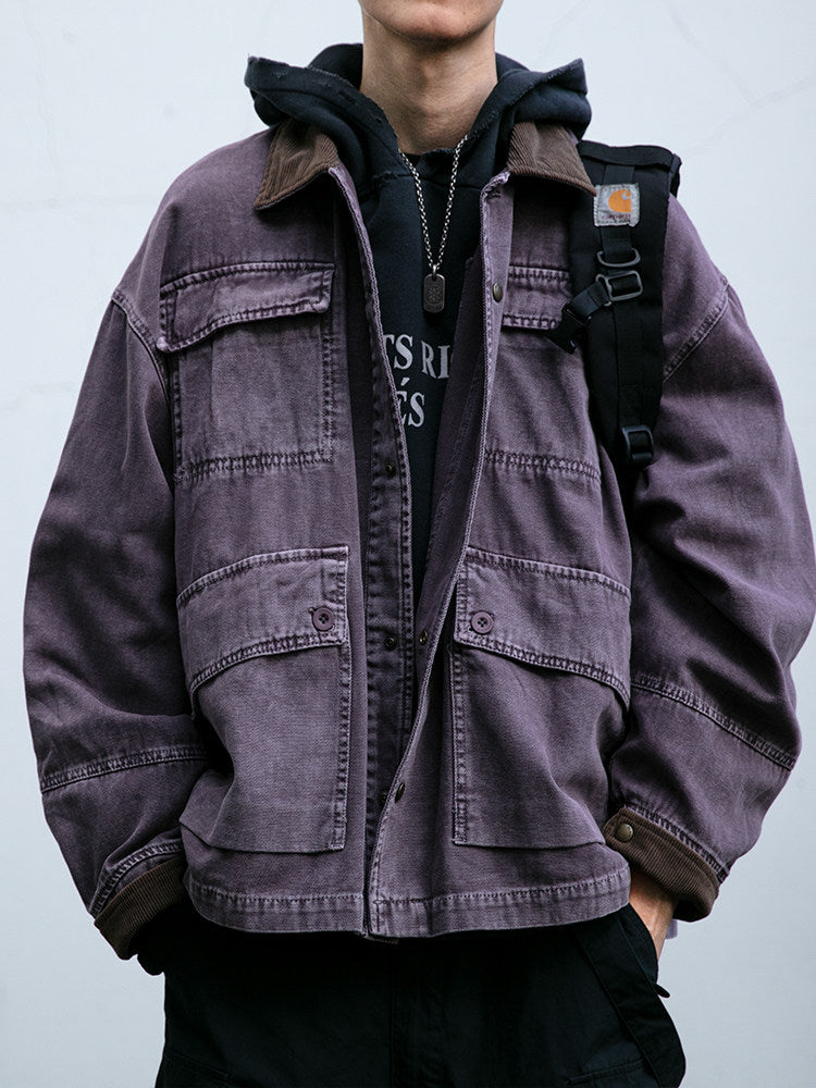 Cotton Cargo Jacket – Corduroy Collar & Four Pockets | Yamalin clothes | Vintage workwear outfit for men