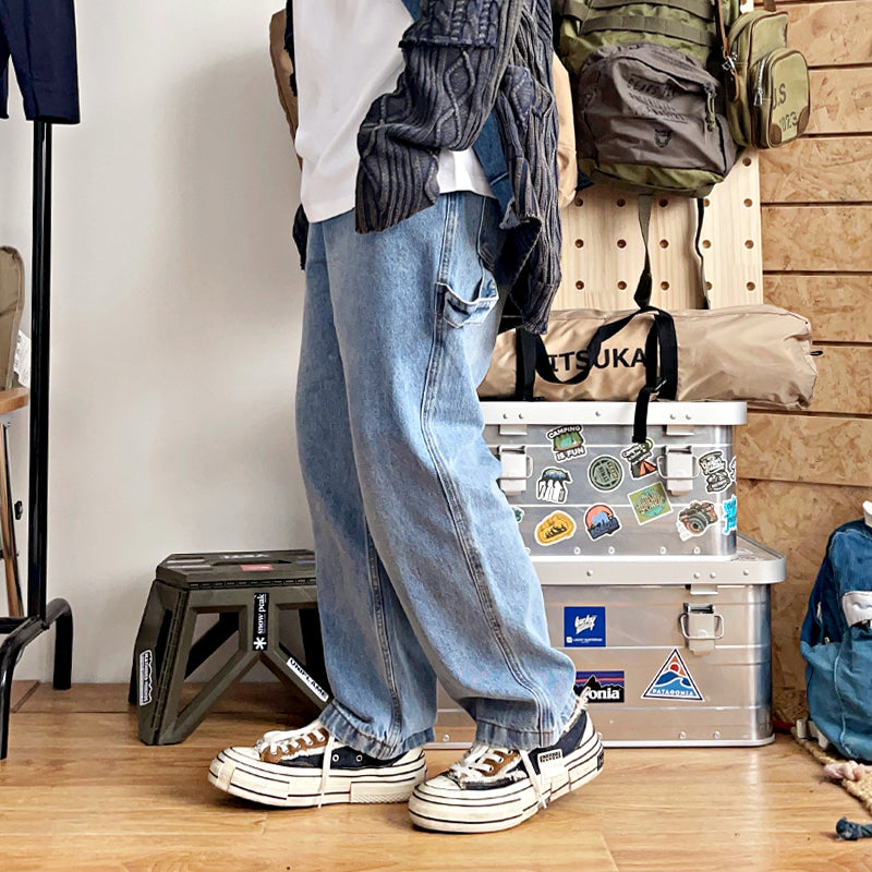 American-style simple loose straight-leg pants, plain overalls, versatile washed jeans, youth skateboard pants, trousers, men