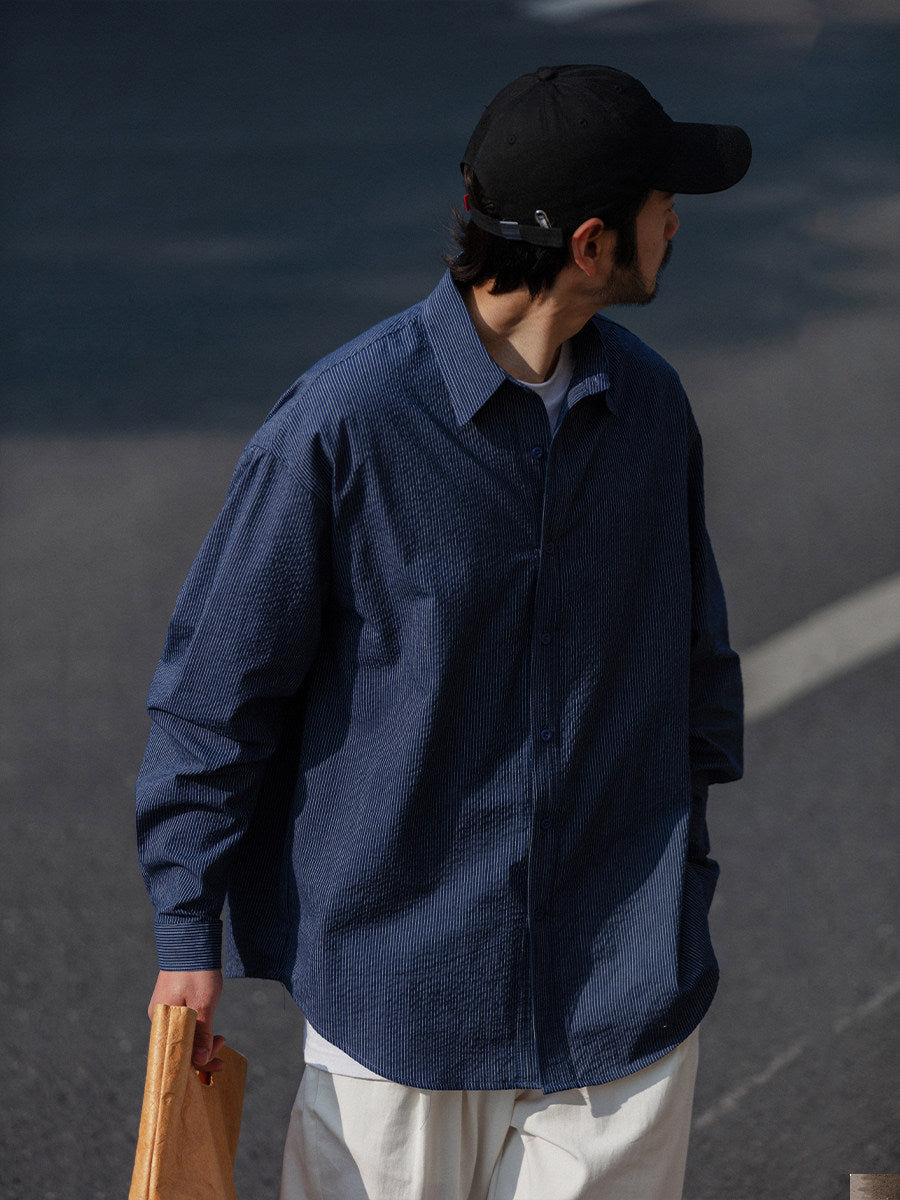 Cotton Pinstripe Shirt – Washed Navy & Relaxed Fit | Yamalinclothes