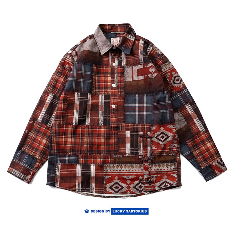 American retro Horner irregular plaid long sleeve shirt