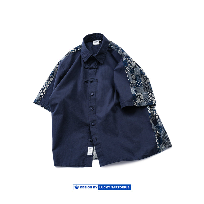 Chinese buckle ethnic front and back paneled shirt loose retro young men's summer cotton and linen short-sleeved shirt