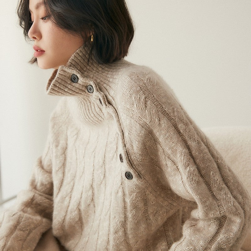 Heavy-duty lazy cashmere sweater, diagonal buttoned floral tulle, thickened twisted high-neck sweater, Korean autumn/winter new women's knitwear | Yamalinclothes