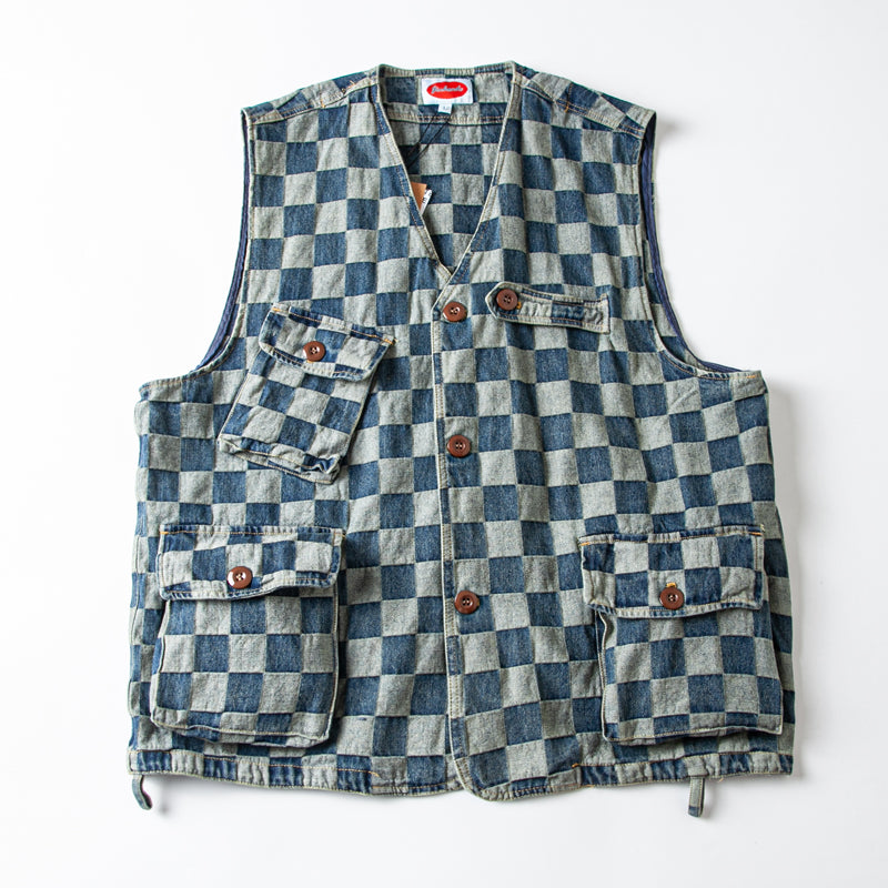 American casual retro plaid denim vest multi-pocket denim sleeveless overalls vest young couple waistcoat