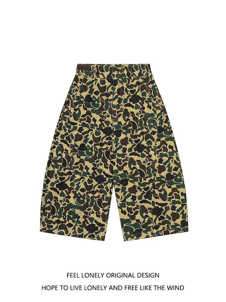 American retro camouflage jeans shorts, men's fashionable summer loose straight pants, street cropped pants