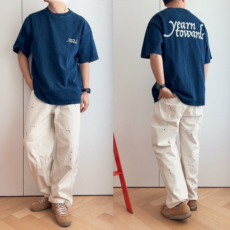 Cotton Indigo washed round collar loose casual short sleeve T-shirt