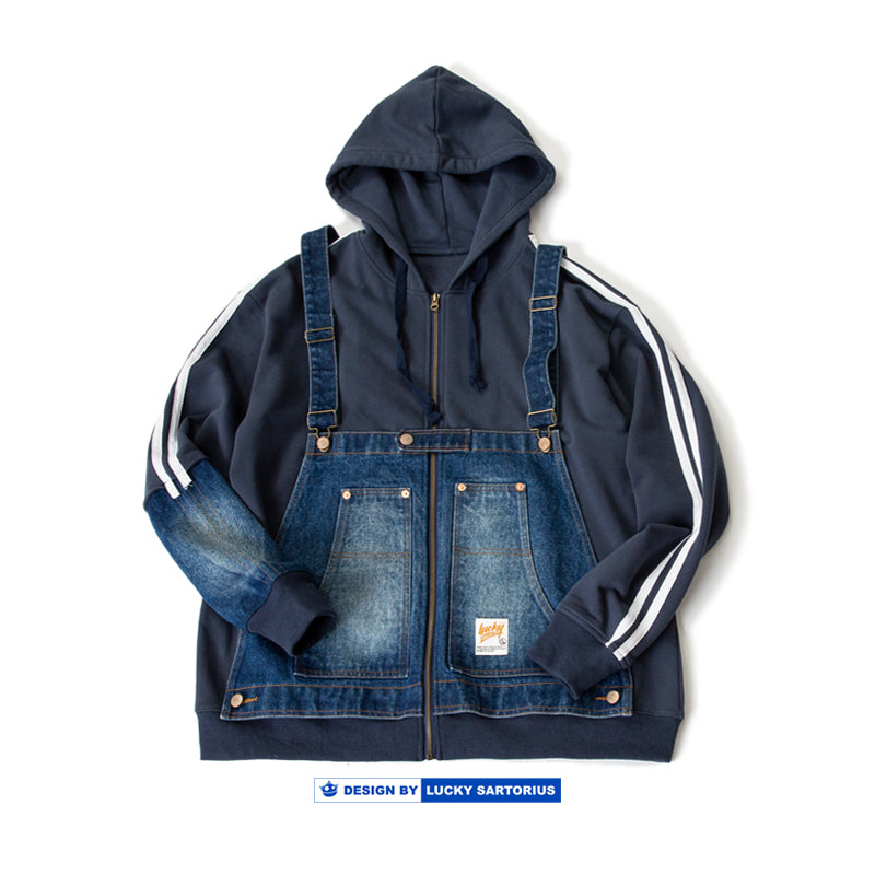 denim large pocket stitched strap design hooded jacket jacket men