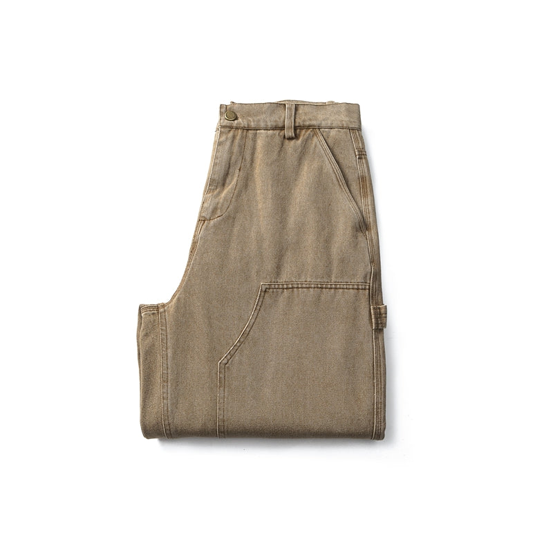 American retro fall/winter men's pants, heavyweight washed logging jeans, trendy straight-leg slacks, high street brown trousers