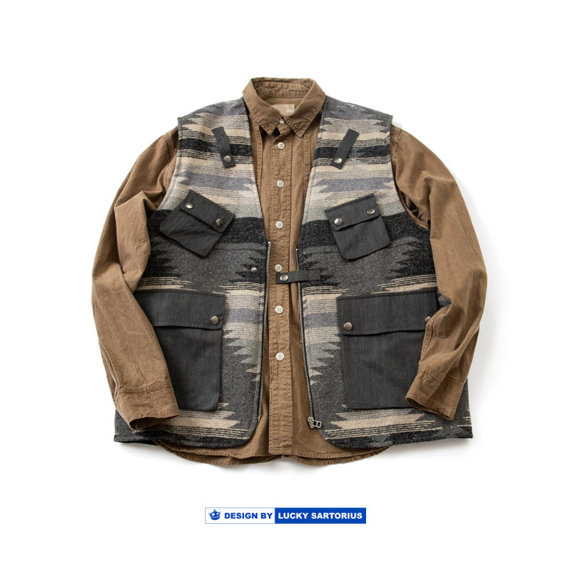 Ami Kaji ethnic pattern multi-pocket cargo vest loose fit autumn and winter versatile vest jacket men