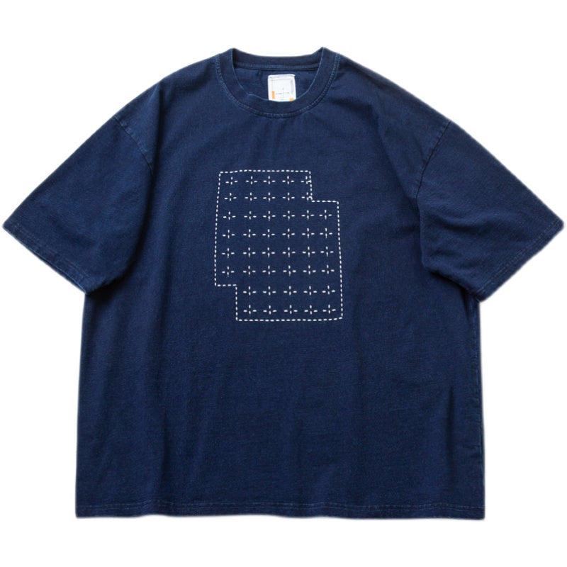 Blue-dyed hand-made thorn embroidery Cotton short-sleeved T-shirt