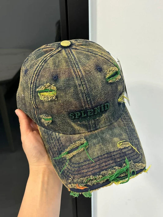 American vintage washed old denim baseball cap women's versatile big headset hat embroidered with ripped peaked hats