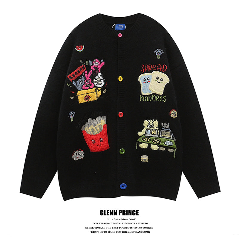 American fashion brand fun cartoon patch embroidered cardigan sweater men's winter age reduction lazy knit jacket