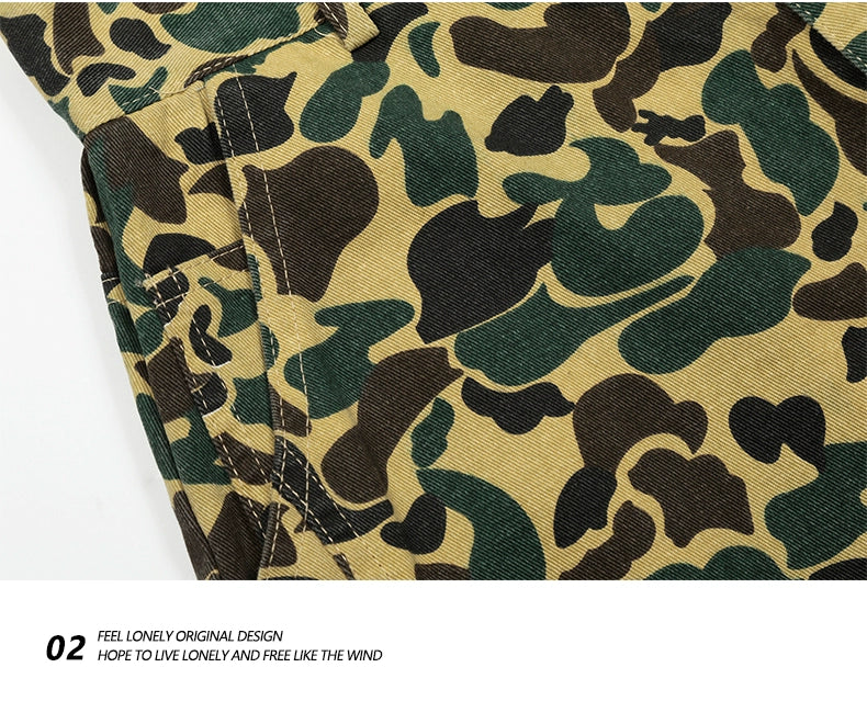 American retro camouflage jeans shorts, men's fashionable summer loose straight pants, street cropped pants