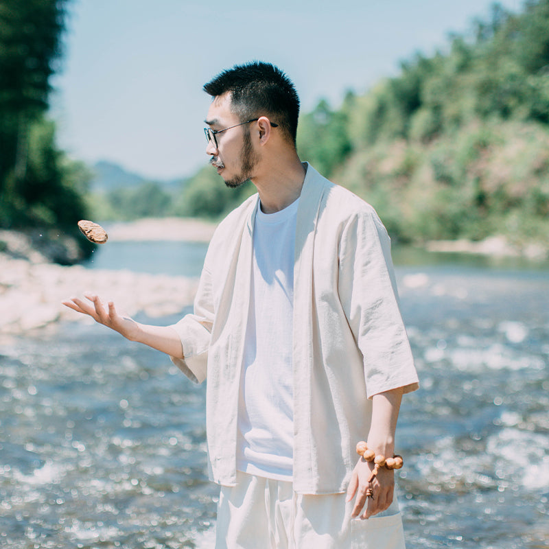 Chinese style solid color Hanfu cardigan kimono men's three-quarter sleeve feather jacket Japanese style Japanese style Japanese style robe