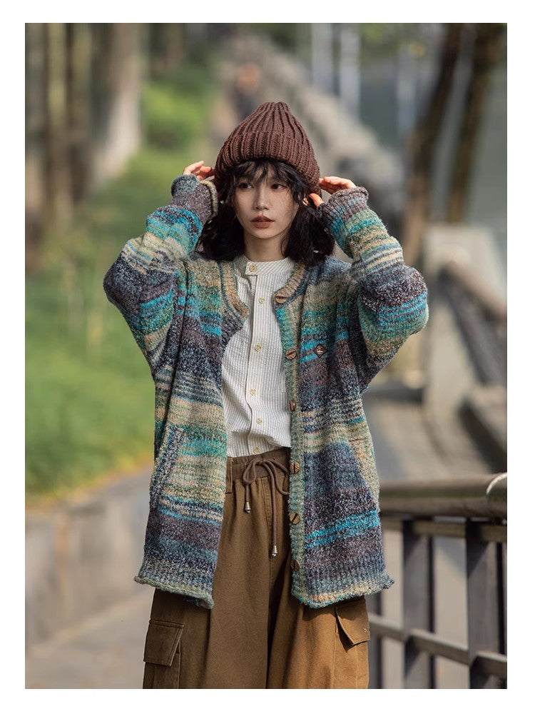 Japanese retro curled LOGO embroidery rainbow color gradient oil painting sweater jacket