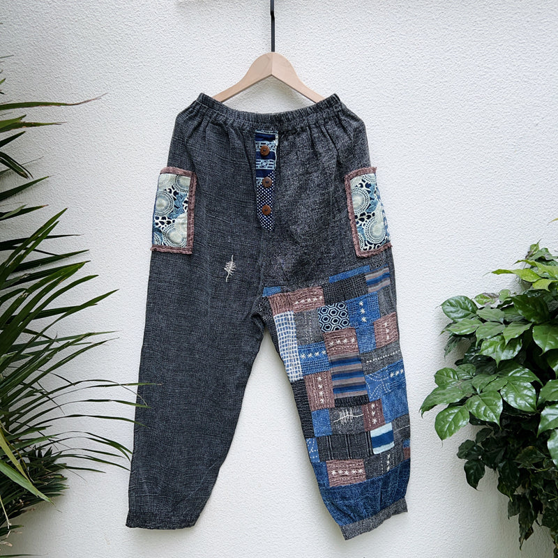 New Thailand handmade thorn embroidery patchwork washed cotton casual pants comfortable blue dyed pants