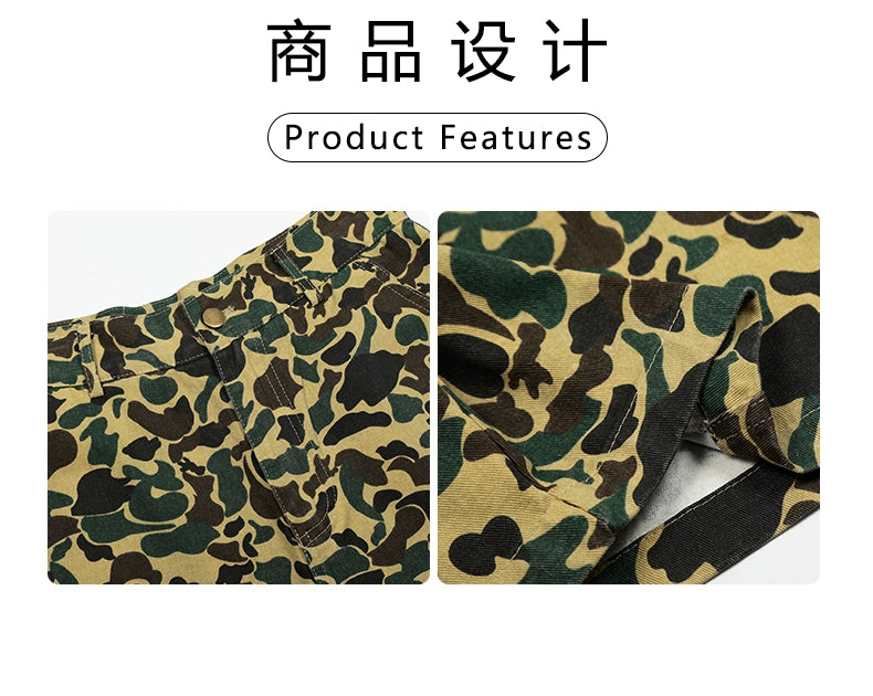 American retro camouflage jeans shorts, men's fashionable summer loose straight pants, street cropped pants