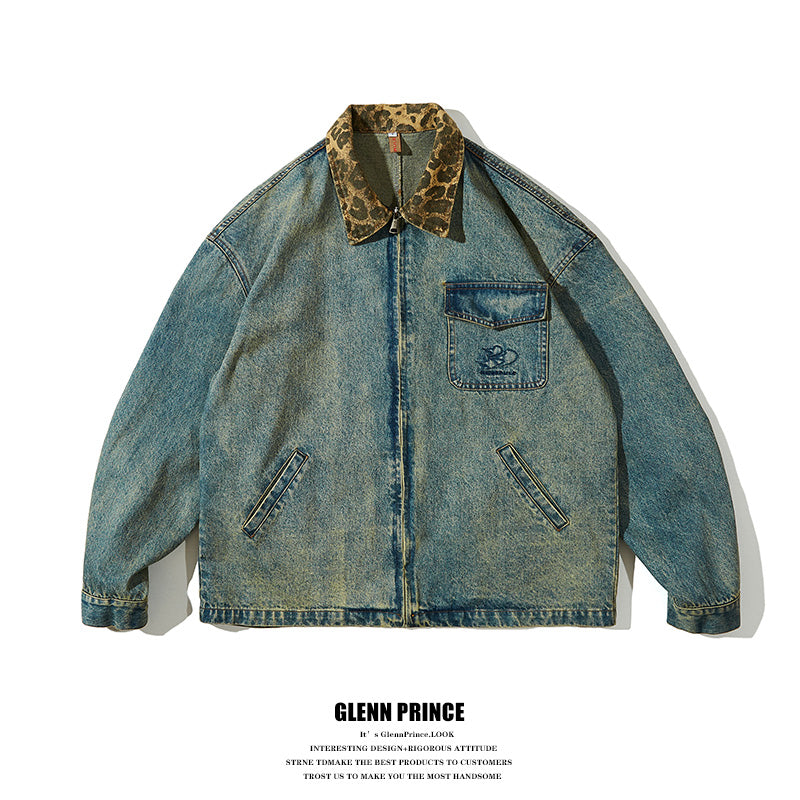 American Vintage Wash Panelled Leopard Print Lapel Denim Jacket Men's Spring Niche BF Baggy Jacket
