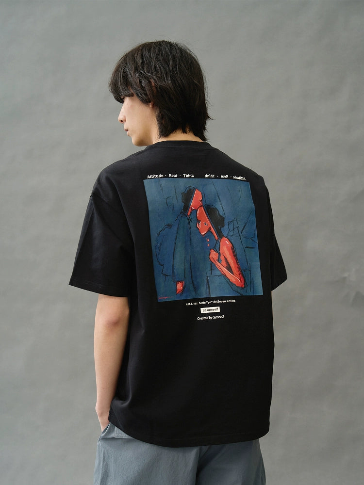Artist limited illustration print round collar short sleeve summer loose slightly shoulder T-shirt