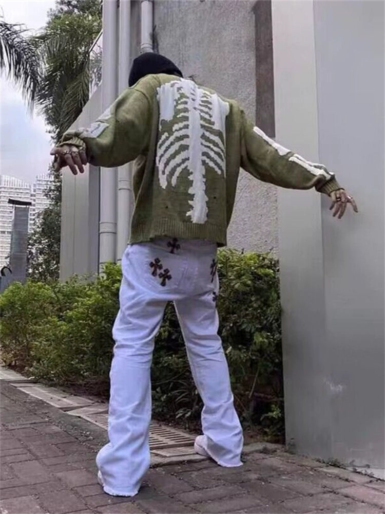 Back skeleton jacquard hole long sleeve loose pullover sweater men and women trendy