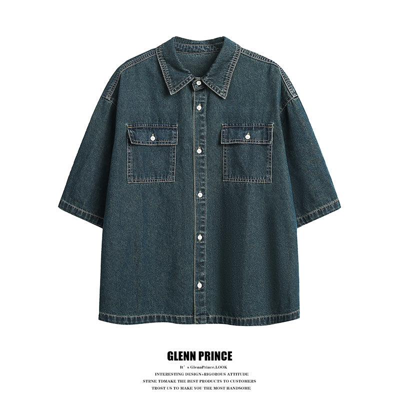 American Vintage Wash Distressed Denim SS Men's Summer Cleanfit Slouchy Shirt Jacket