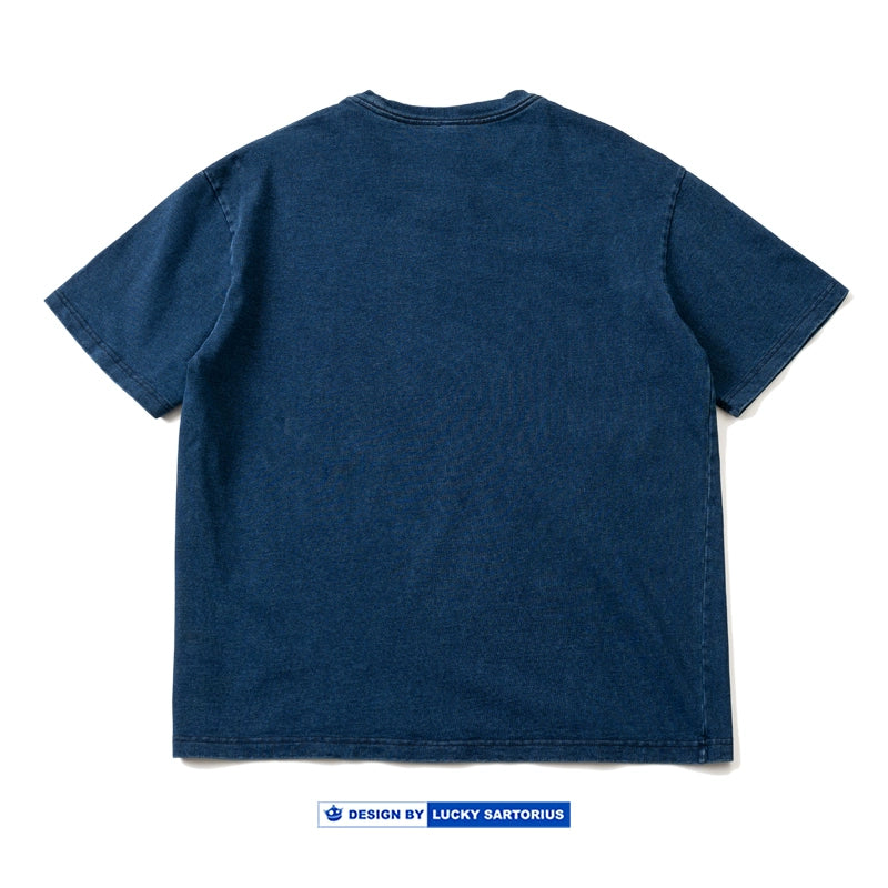Japanese vintage indigo high gram weight washed round neck pullover loose fit short sleeve t-shirt men's and women's english printed tee