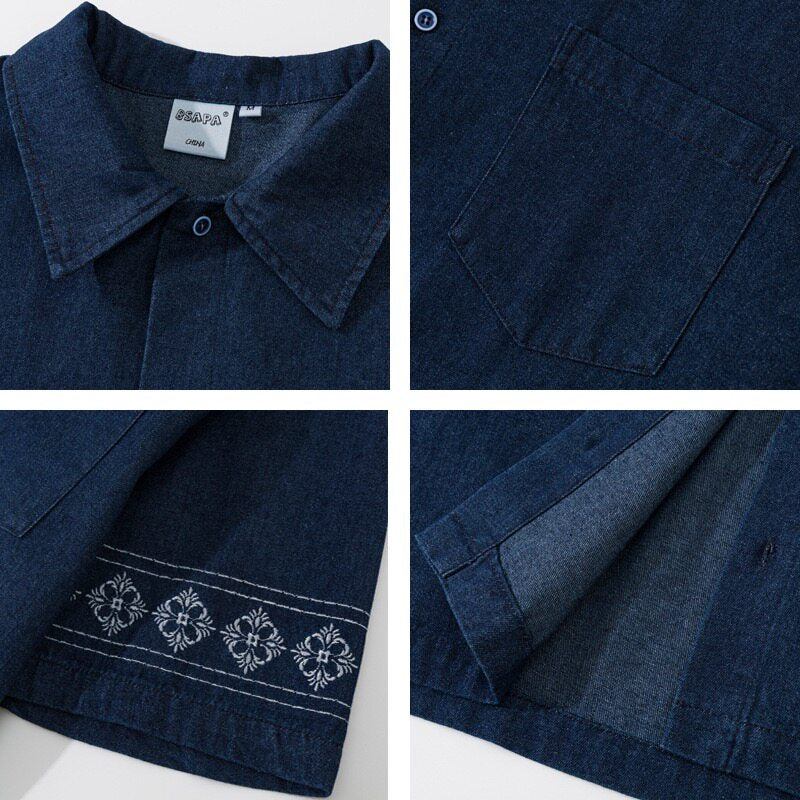Unisex Japanese Retro Ethnic Embroidered Denim Shirt, Loose Three-Quarter Sleeve Casual Cargo Top