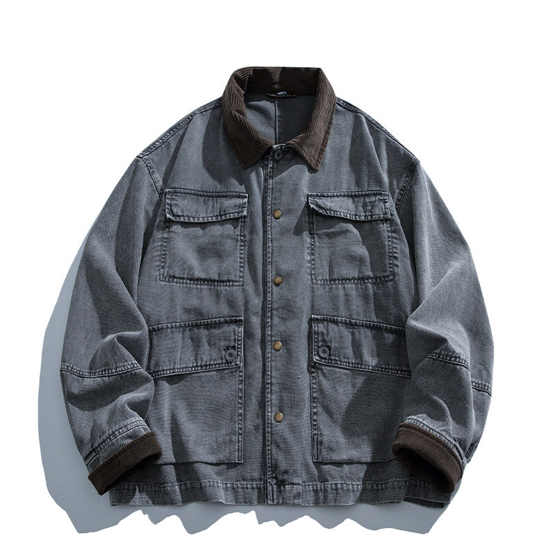 Cotton Cargo Jacket – Corduroy Collar & Four Pockets | Yamalin clothes | Vintage workwear outfit for men