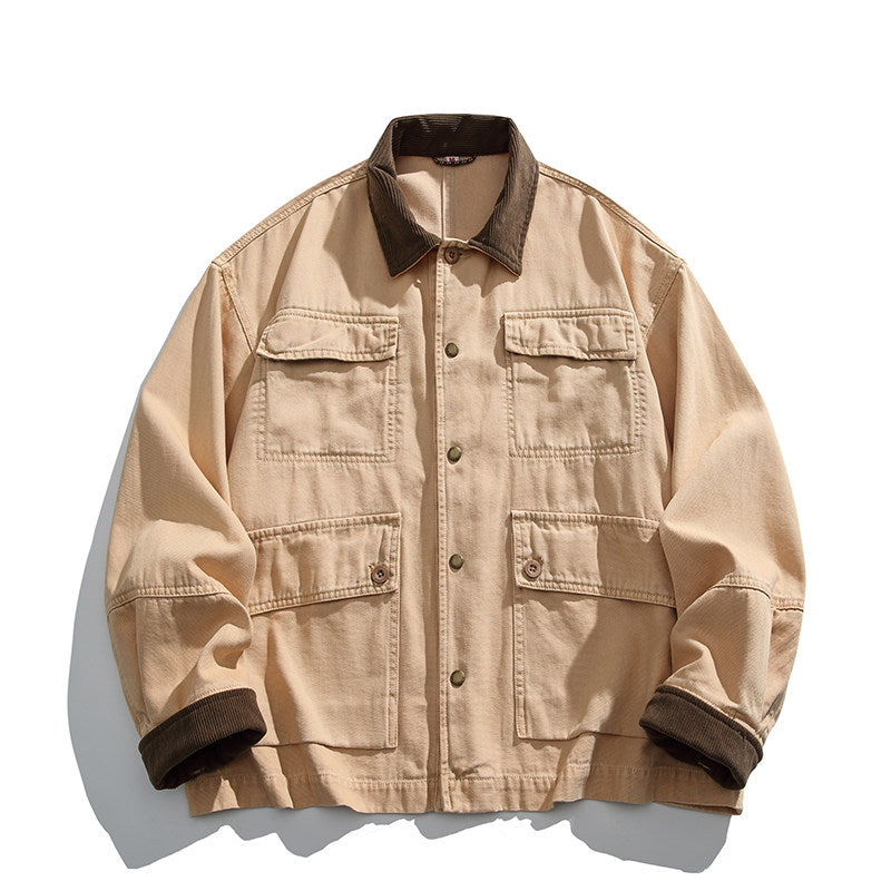 Cotton Cargo Jacket – Corduroy Collar & Four Pockets | Yamalin clothes | Vintage workwear outfit for men