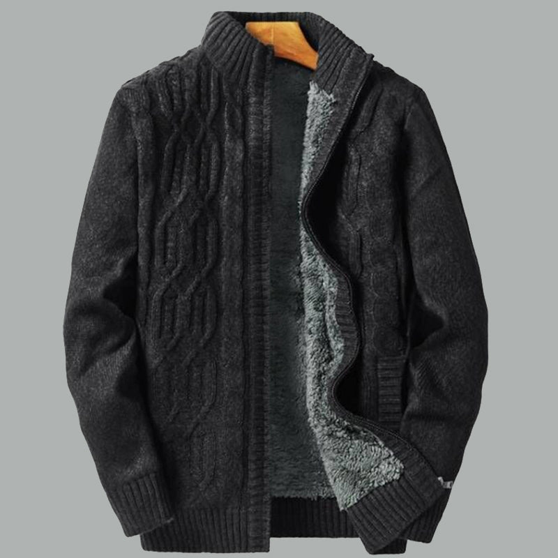 Temperament is stylish! Padded lamb fleece sweater men's winter stand-up collar jacquard knitted cardigan jacket