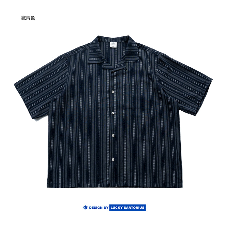 Japanese retro summer men's cotton loose Cuban collar striped short-sleeved shirt
