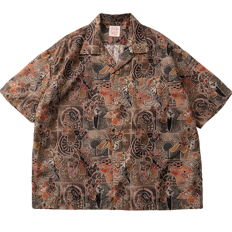 Chinese style elements, traditional Sichuan opera, face painting, shadow puppet play elements, printed ice sense Tencel, Cuban collar loose shirt, men and women