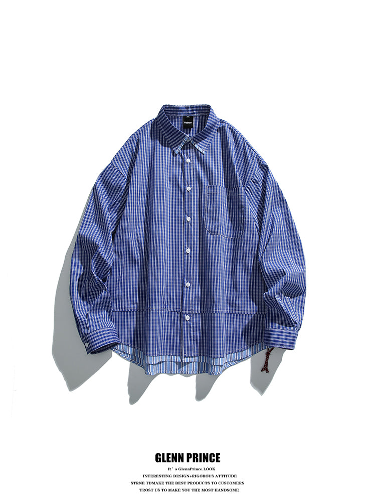 Japanese cityboy fake two-piece silhouette plaid shirt long sleeve men's retro loose couple coat