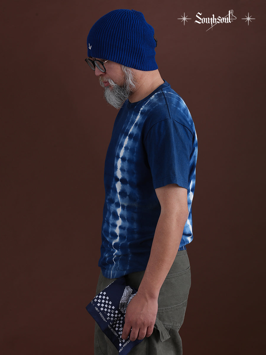 American-style retro casual heavyweight cotton plant handmade blue dyeing tie-dye T-shirt grass dyeing ancient dyeing round neck