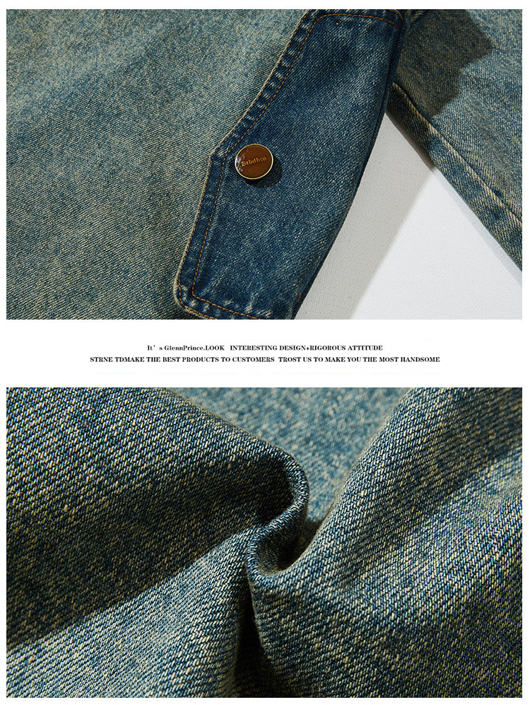 American Vintage Wash Panelled Leopard Print Lapel Denim Jacket Men's Spring Niche BF Baggy Jacket