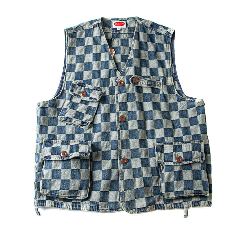 American casual retro plaid denim vest multi-pocket denim sleeveless overalls vest young couple waistcoat