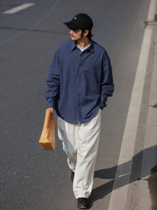 Cotton Pinstripe Shirt – Washed Navy & Relaxed Fit | Yamalinclothes