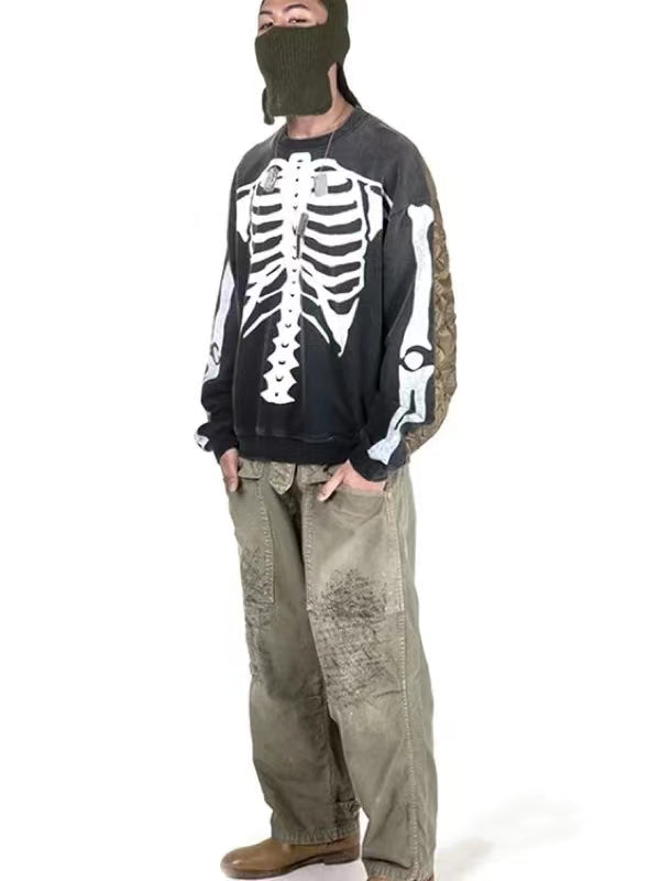 Cracked bone print distressed patchwork Japanese vintage crewneck sweatshirt