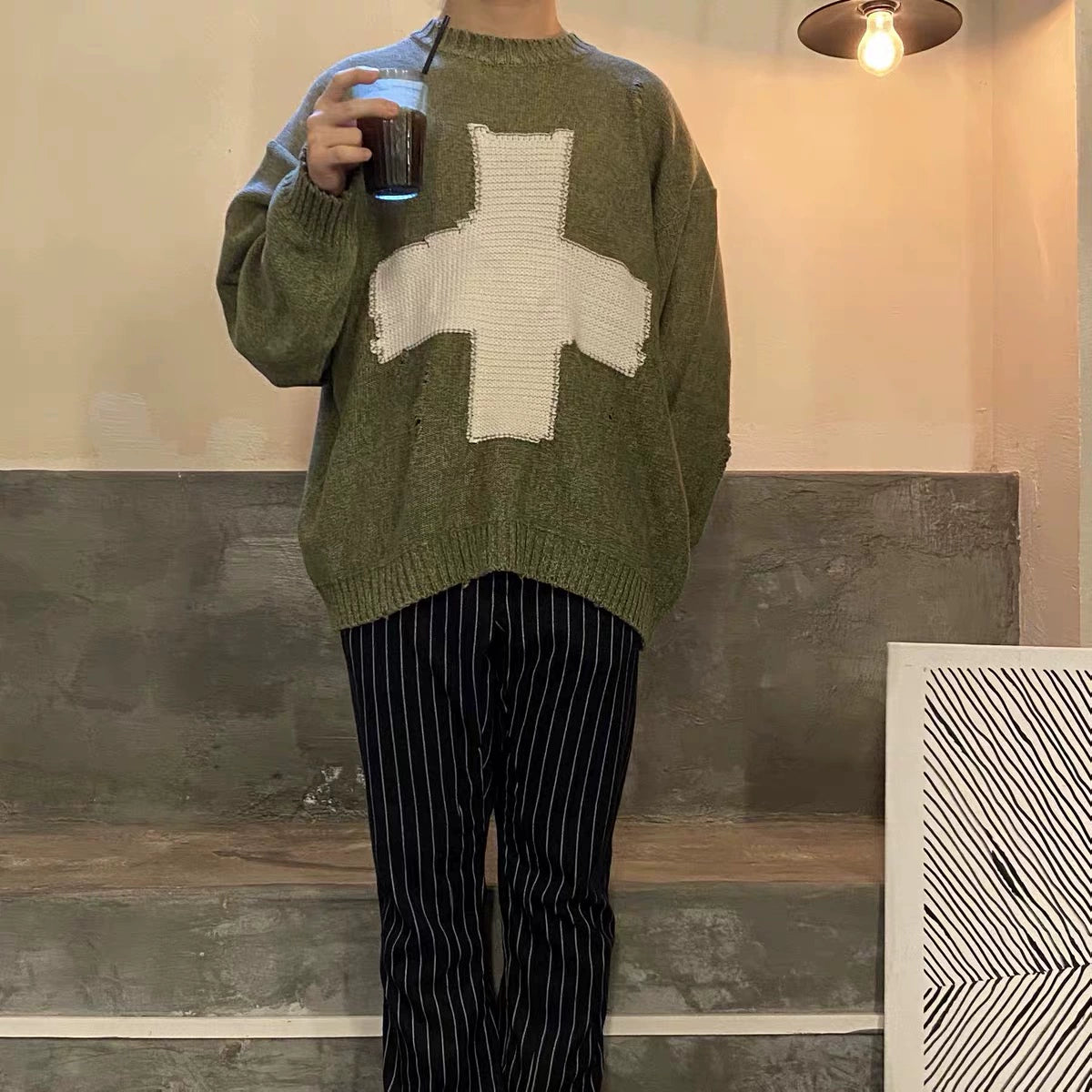 cross pattern ripped round neck sweater pullover long sleeve sweater