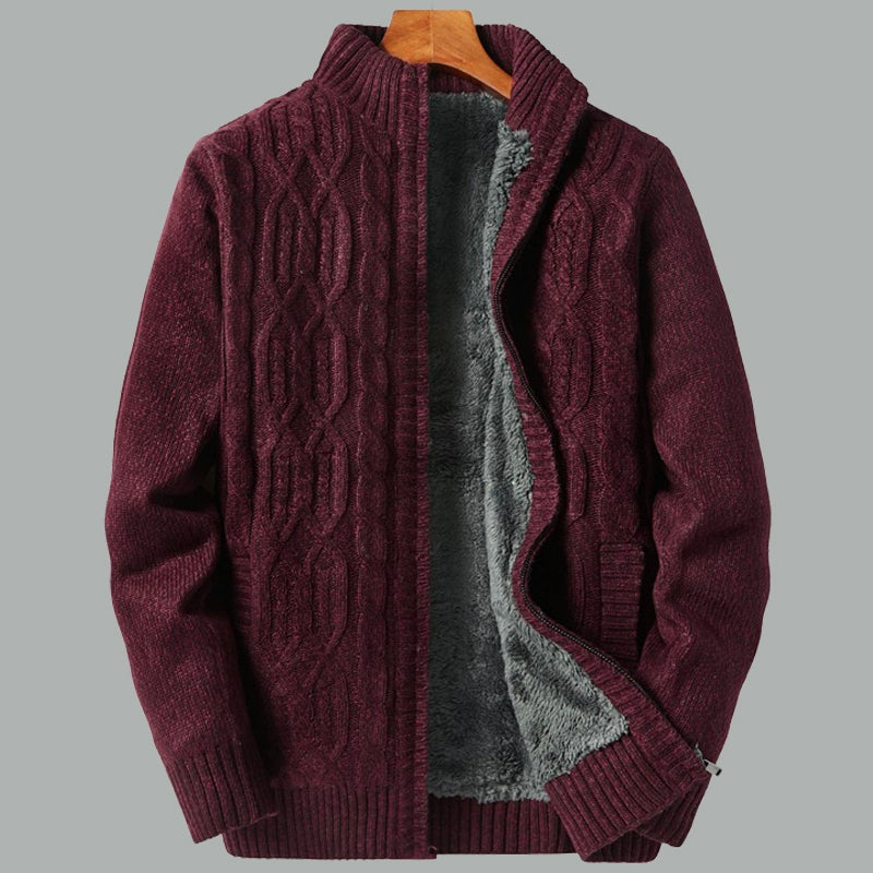 Temperament is stylish! Padded lamb fleece sweater men's winter stand-up collar jacquard knitted cardigan jacket