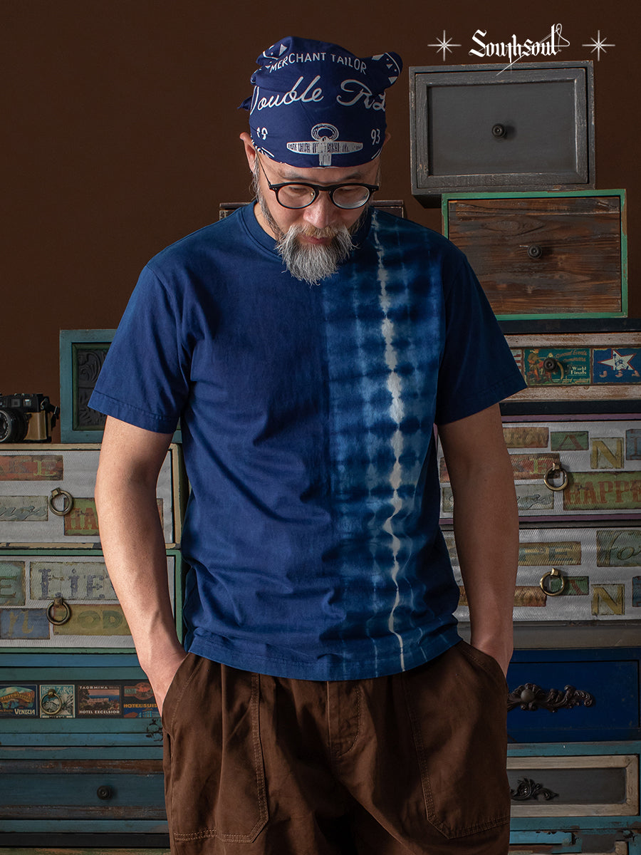American-style retro casual heavyweight cotton plant handmade blue dyeing tie-dye T-shirt grass dyeing ancient dyeing round neck
