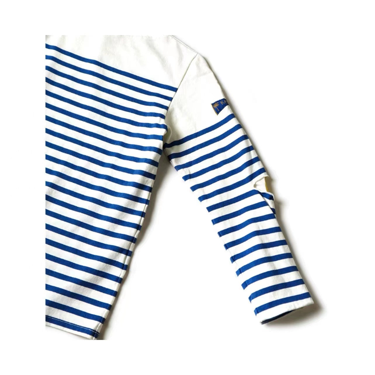 blue and white striped cotton loose three-flag long-sleeved smiley stitching bottoming shirt