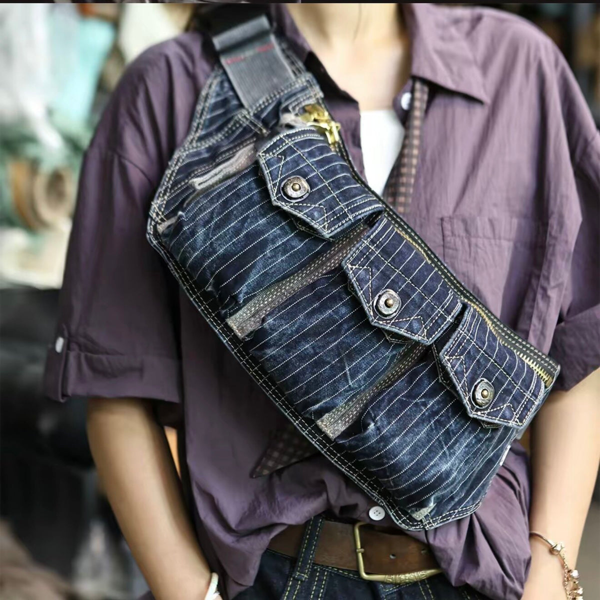Washed Canvas Distressed Fanny Pack – Vintage 3-Way Chest Crossbody Unisex – Bags | japanese streetwear | vintage workwear | unisex | Yamalinclothes
